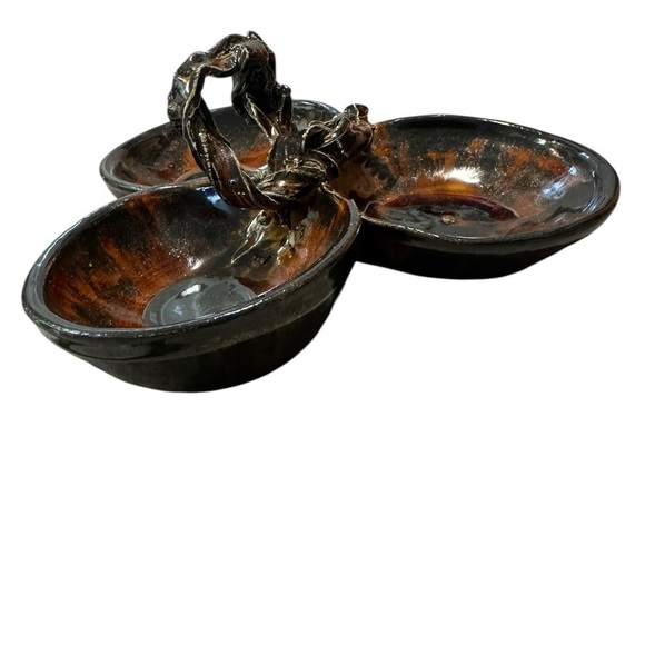 Pottery Art Glass Three Bowl Serveware Glossy Ornate - Picture 3 of 9